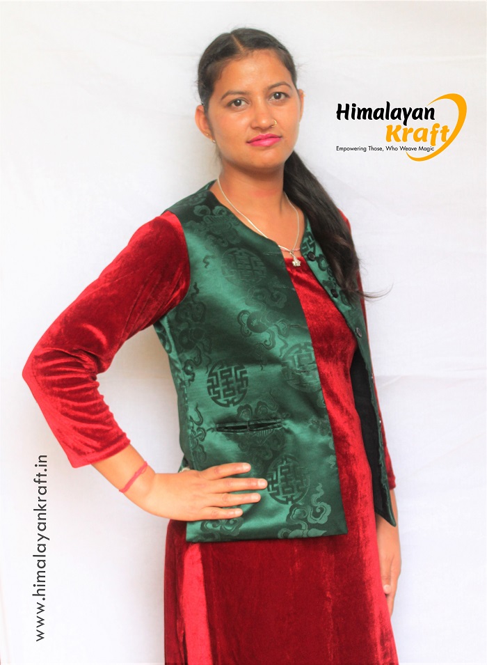 Sleeveless Brocade Short Jacket/Sadri For Ladies - Green